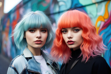 Personality girl with multi-colored hair posing on the street