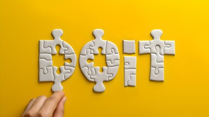 Hand completing puzzle pieces spelling 'debt' against a yellow background. simple and conceptual finance image. AI