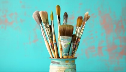 Fototapeta premium Paint brushes in vase on blue background, world art day image