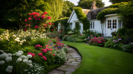 A garden path with a little cottage in the background,,
Beautiful home garden in full bloom