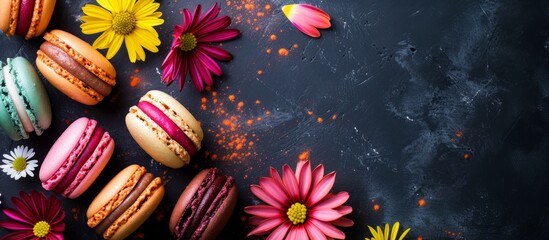 The table is adorned with various types of macarons and a vibrant display of flowers, including...