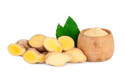 Ginger powder and ginger root isolated on a white background