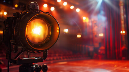 Close-up on a vintage spotlight, focused light it casts on an empty stage