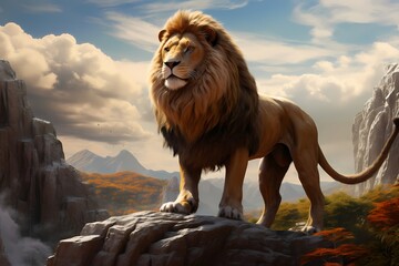 A majestic lion standing proudly on a rocky outcrop, its mane flowing in the wind.