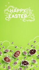 Colorful creative vertical design with chocolate eggs, doodles and Happy Easter text on green...