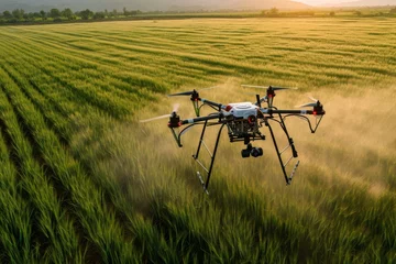 Poster Quadrocopter, large Drone good fields, orange plantations, banana palms. Modern agrarian © Alina Zavhorodnii