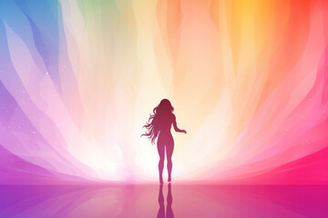 Shining Beauty: Abstract Blue Wave on Bright Gradient Background with Silhouette of Young Woman, in a Modern Art Design