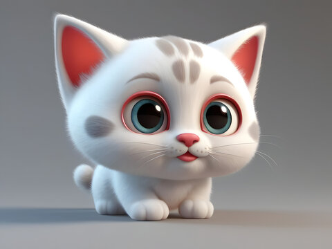 Cute white baby cat 3d character. Cartoon cat with big red eyes. 3d render illustration. Farm animals set  "Charming White Baby Cat: 3D Character with Playful Red Eyes"