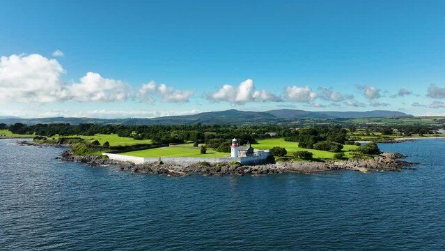 An aerial view of the Ballinacourty Lighthouse in Waterford County, Ireland