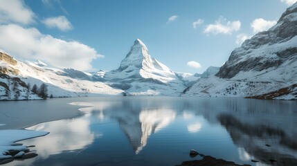 Fototapeta na wymiar Serene mountain reflection on a clear lake at dawn. a tranquil winter landscape captured, perfect for wall art or background use. AI