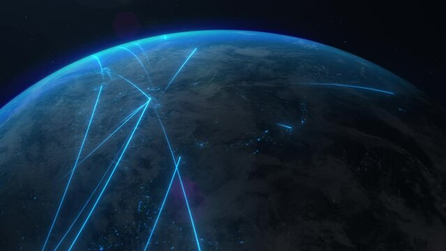 Stunning vizualization of the Earth planet, as seen from orbit. The moving lines that span the technological realm include data transfer animations, online networks, and internet technologies.