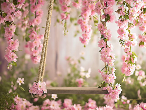 sfondo per fotografia di neonato o bimbi, sfondo di altalena ricoperta di fiori rosa, sfondo rosa, per inserimento  bimbe femmine 