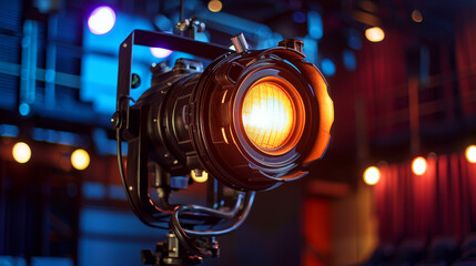 Fototapeta na wymiar Close-up on a vintage spotlight, focused light it casts on an empty stage