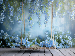 sfondo per fotografia di neonato o bimbi, sfondo di altalena ricoperta di fiori azzurri, fondale azzurro, per inserimento bimbi maschi - obrazy, fototapety, plakaty