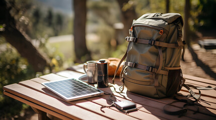 Travel concept, Hiking backpack on the table, phone. Portable solar energy. Generative AI - obrazy, fototapety, plakaty