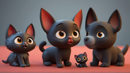 Fototapeta premium Cute black baby dog and cat playing 3d character. Cartoon dog and cat playing with big red eyes. 3d render illustration. Farm animals set 