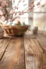 Fototapeta na wymiar empty wooden table. blurred background in Easter rustic style