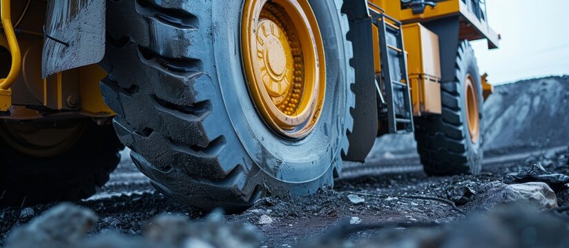 A temporary yellow wheel stopper prevents a dump truck from moving during transportation work for safety.
