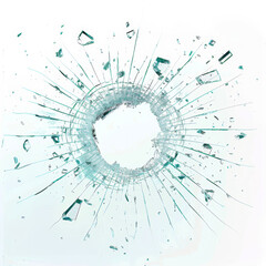 shattered glass from a bullet hole, white background