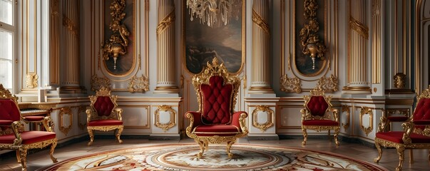 Regal opulence: An exquisite throne room befitting royals. Concept Luxurious interior design, Ornate decorations, Lavish furnishings, Grand chandeliers, Majestic throne - obrazy, fototapety, plakaty
