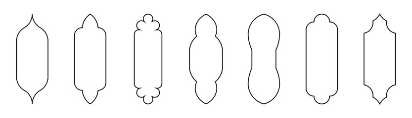 Muslim window line shape collection. Arabic, islam architecture outline frame. Traditional, oriental design.