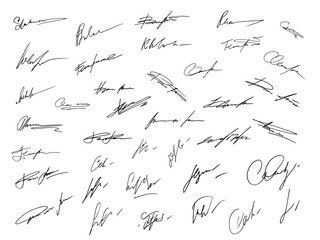 Unique invented signatures for business documents, for business, for designs. Vector illustration.