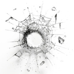 shattered glass from a bullet hole, white background - obrazy, fototapety, plakaty