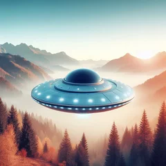 Foto op Plexiglas Mystic Dawn: UFO over Misty Mountains. AI generated © Ivan Koliadzhyn