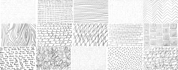 Hand-drawn pencil line crosshatch textures. Vector scribbles, horizontal and wavy strokes. Different types of hatching. Vector illustration