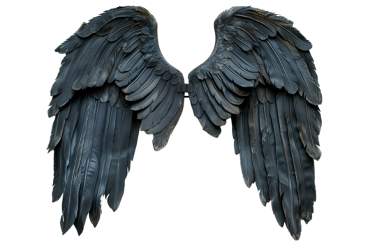 black angel wings with feathers isolated on background.