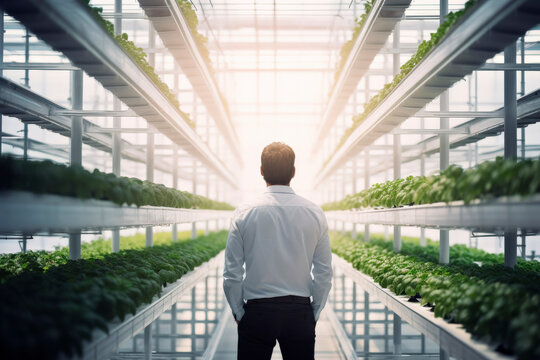 businessman in a plantation of vertical farming