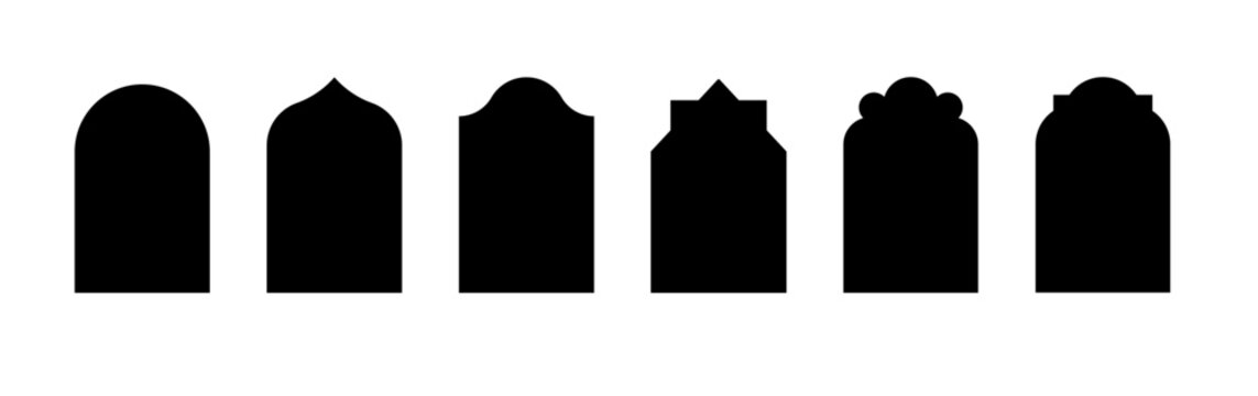 Silhouette Arabic arch PNG. Islamic Shape set. Frames in Arabian Muslim design for Ramadan Kareem. Vector mosque gate shape isolated.