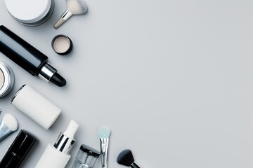 Skincare and Makeup Essentials: Flat Lay Composition with Ample Space for Text