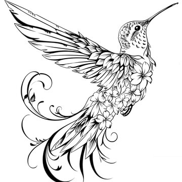 Black and white Hummingbird and flowers tattoo design