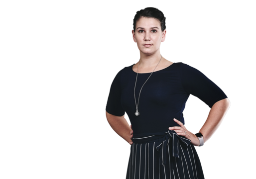 Portrait, confident and business with woman, fashion designer and girl isolated on a transparent background. Png, face and professional with stylish outfit and entrepreneur with startup and worker