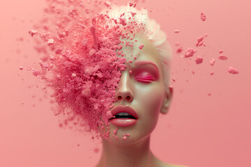 Illustration for advertising powder. Powder is sprayed on the face of a beautiful girl