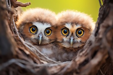A pair of bright-eyed owlets peering out from their cozy nest, their fluffy feathers adding a touch of cuteness to the scene.
