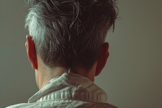 a hairdresser is fixing up a mans hair, in the style of soft color blending, back button focus, silver and gray,