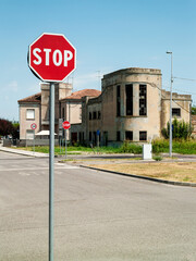 Stop Sign in the Streets of Tresigallo - The metaphisic town