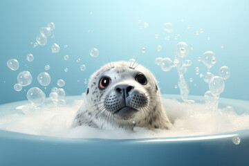 Curious Seal's Portrait in Nature's Wildlife: Mammal's Aquatic Life, a Cute and Wild Head Closeup with Wet Grey Fur, Muzzle, and Whiskers, Looking at the Viewer with its Piercing Eye.