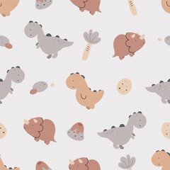 Seamless pattern with cute dinosaurs. Flat cartoon vector background. Creative texture for fabric, wrapping, textile, wallpaper, apparel.