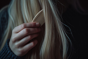 a lady with long blonde hair is holding a hair comb