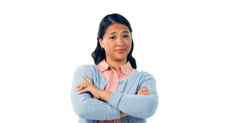 Woman, portrait and attitude with arms crossed or annoyed for rejection conflict, moody or negative. Asian person, face and emoji expression or isolated transparent png background, problem or trouble