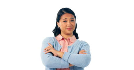 Woman, portrait and attitude with arms crossed or annoyed for rejection conflict, moody or negative. Asian person, face and emoji expression or isolated transparent png background, problem or trouble