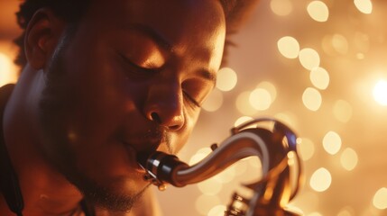 Jazz musician passionately playing a saxophone eyes closed in deep concentration, with soft lighting creating a warm and intimate ambiance - obrazy, fototapety, plakaty