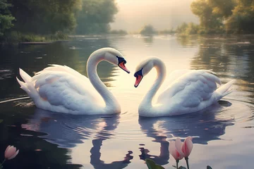 Fototapete Rund A pair of graceful swans gliding across a serene lake, their elegant necks forming a perfect heart shape. © Animals