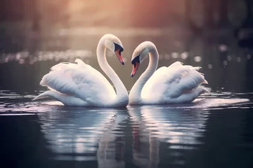 Fototapete Rund A pair of graceful swans gliding across a serene lake, their elegant necks forming a perfect heart shape. © Animals