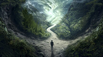 making a choice on eman stand in a cross deep forest road both paths with hesitation One path will lead him to challenge and progress, the other to safety and comfort finally reaching the end - obrazy, fototapety, plakaty
