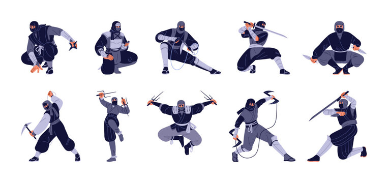 Ninja set. Shinobi practices with weapon: katana, shuriken, sai. Japanese samurai attacks with blade. Asian warrior, fighter at martial training. Flat isolated vector illustration no white background