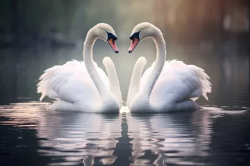 Fotobehang A pair of graceful swans gliding across a serene lake, their elegant necks forming a perfect heart shape. © Animals